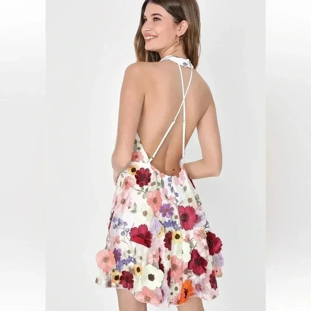 Lulu’s Floral Embroidered Low Back  Mini Dress XS